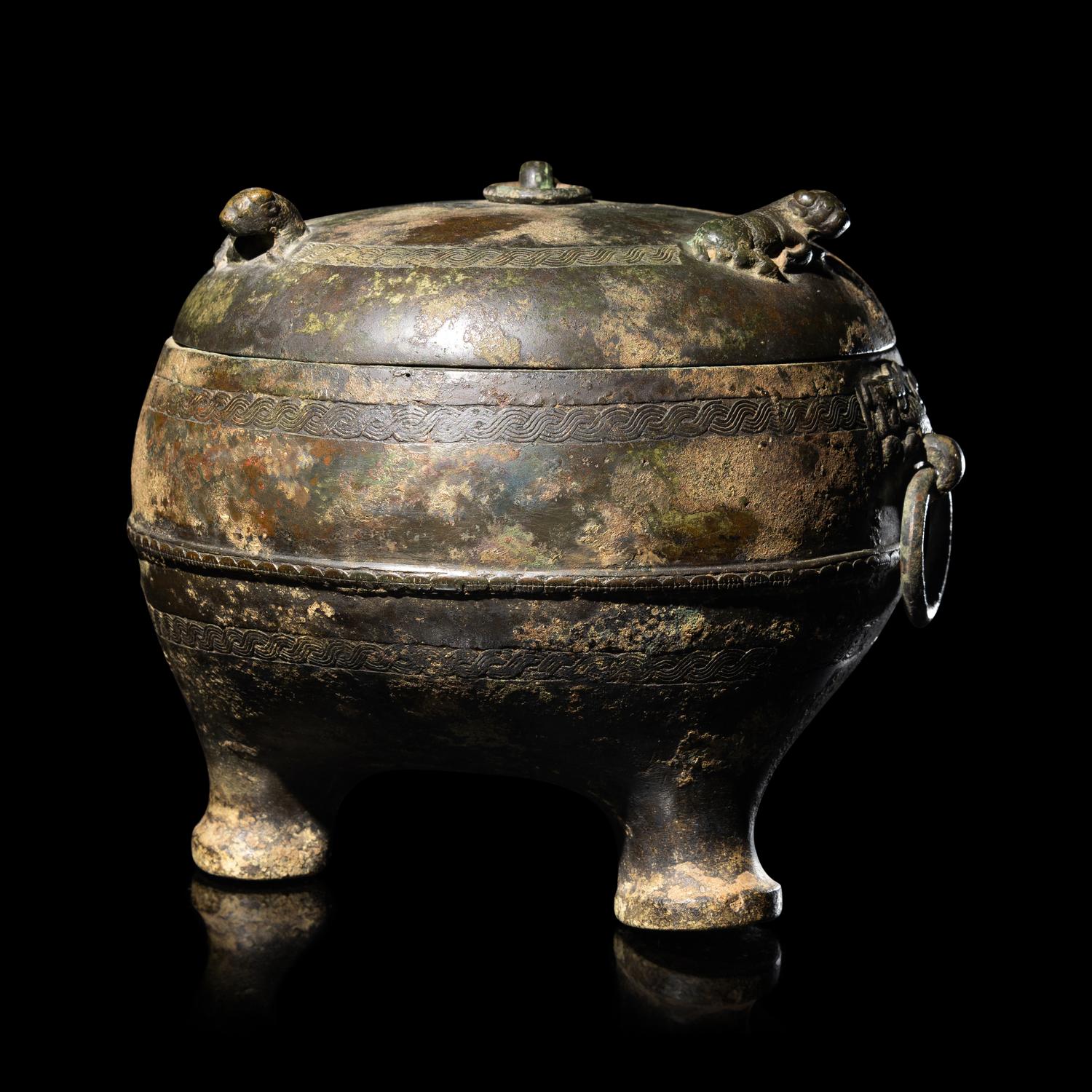A Chinese Archaic Bronze Covered Tripod Vessel, Dun, Spring and Autumn Period 春秋 青銅敦