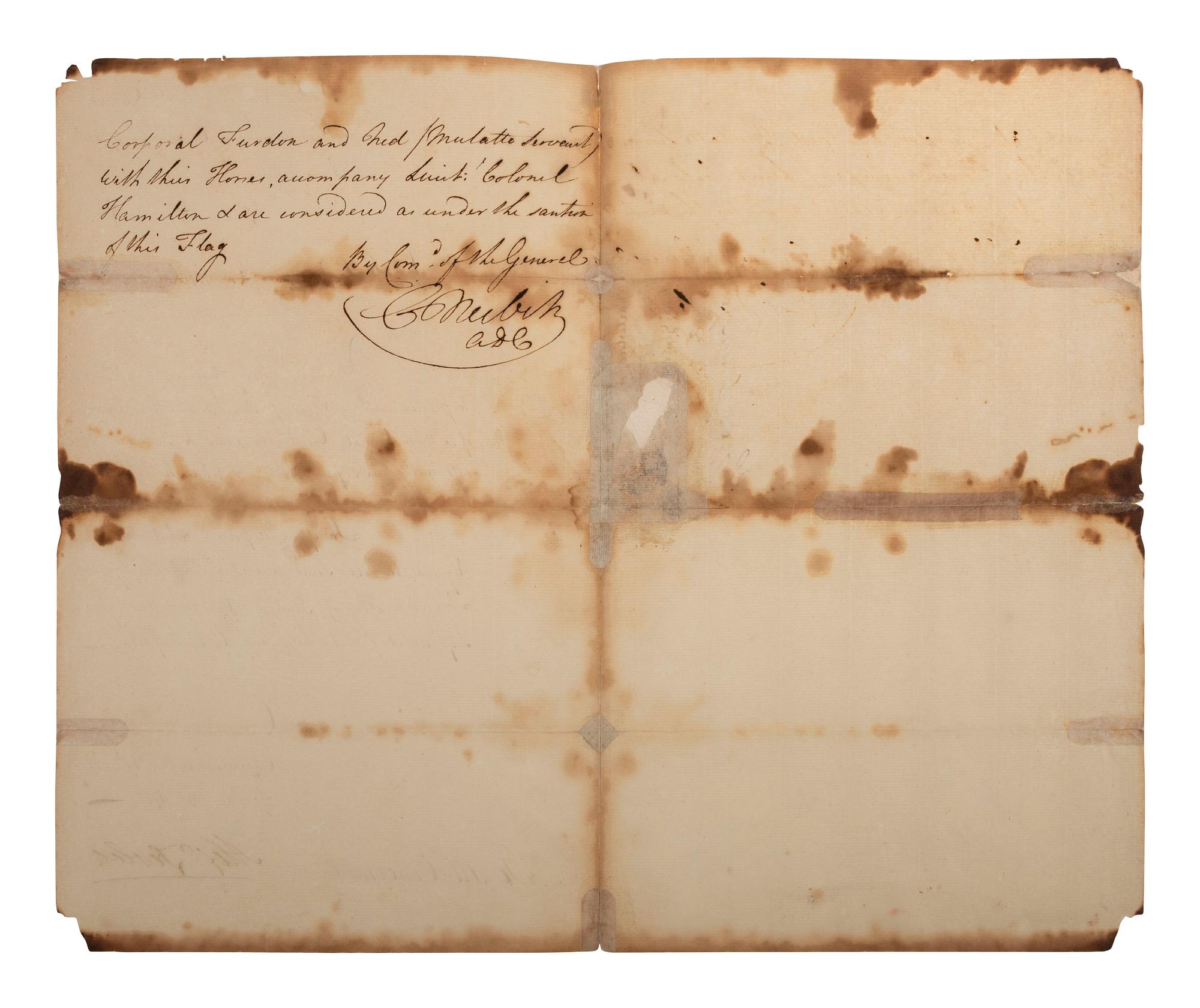 [REVOLUTIONARY WAR]. LESLIE, Alexander (1731-1794). Document signed ("Alexr. Leslie"), DECLARING HIS MEN'S SAFE PASSAGE UNDER FLAG OF TRUCE TO SPEAK WITH GENERAL NATHANAEL GREENE. Charleston, [SC], 19 December 1781.