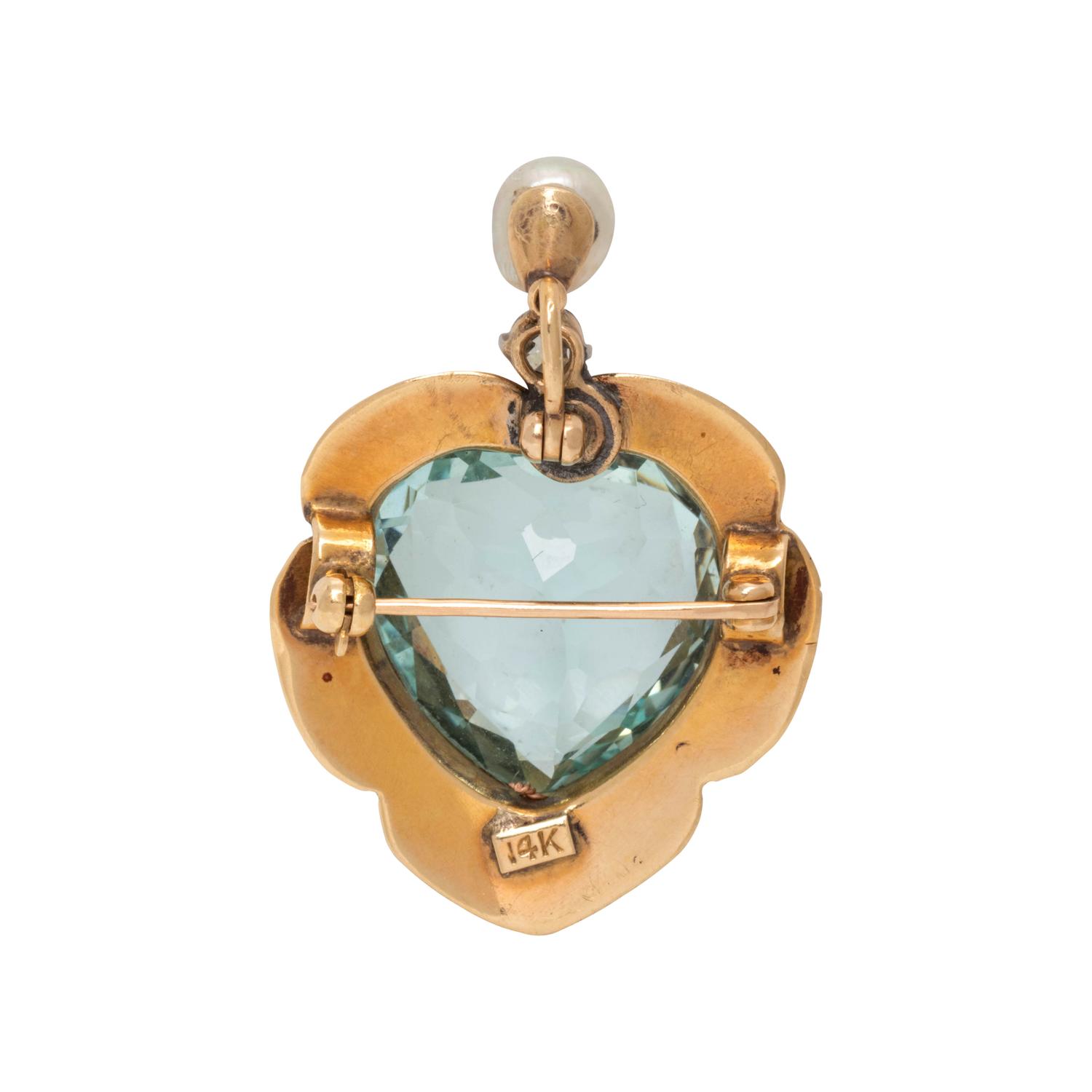 AQUAMARINE, CULTURED PEARL AND DIAMOND PENDANT/BROOCH