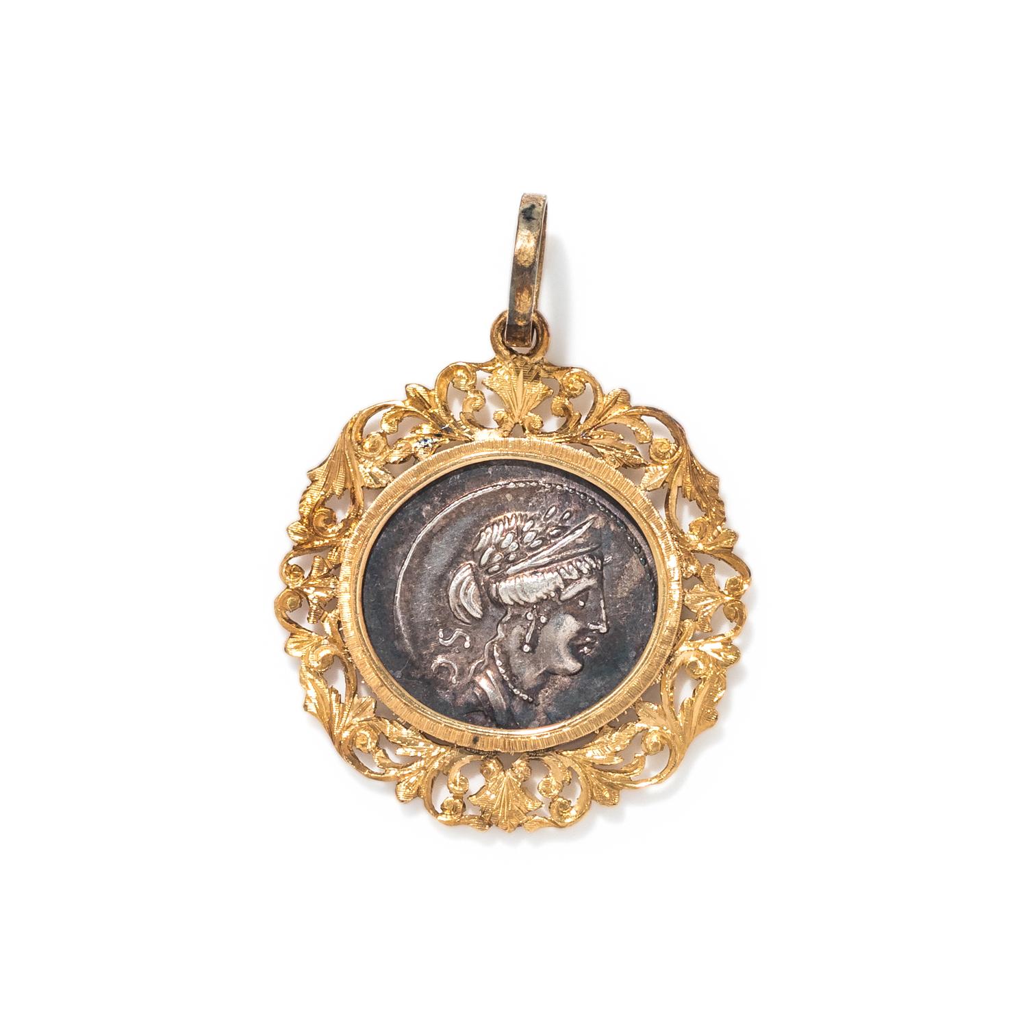 YELLOW GOLD AND ANCIENT ROMAN DENARIUS COIN PENDANT