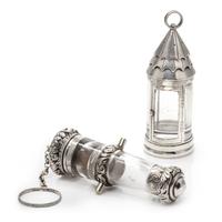 Two English Silver-Plate Mounted Glass Scent Bottles, Retailed by Thornhill & Co., London, one in the form of a lantern, the other in t