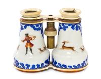 A Pair of Continental Enameled and Ivory Inset Opera Glasses, Width 4 7/8 inches.