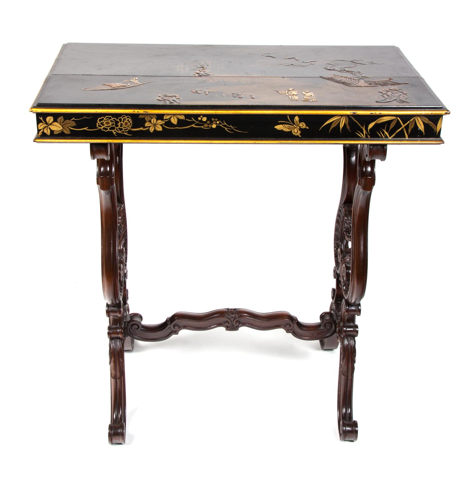 A Pair of Victorian Chinoiserie Lacquer Top Side Tables Height 28 1/2 x width 27 1/2 x depth 15 3/4 inches. — 19TH CENTURY