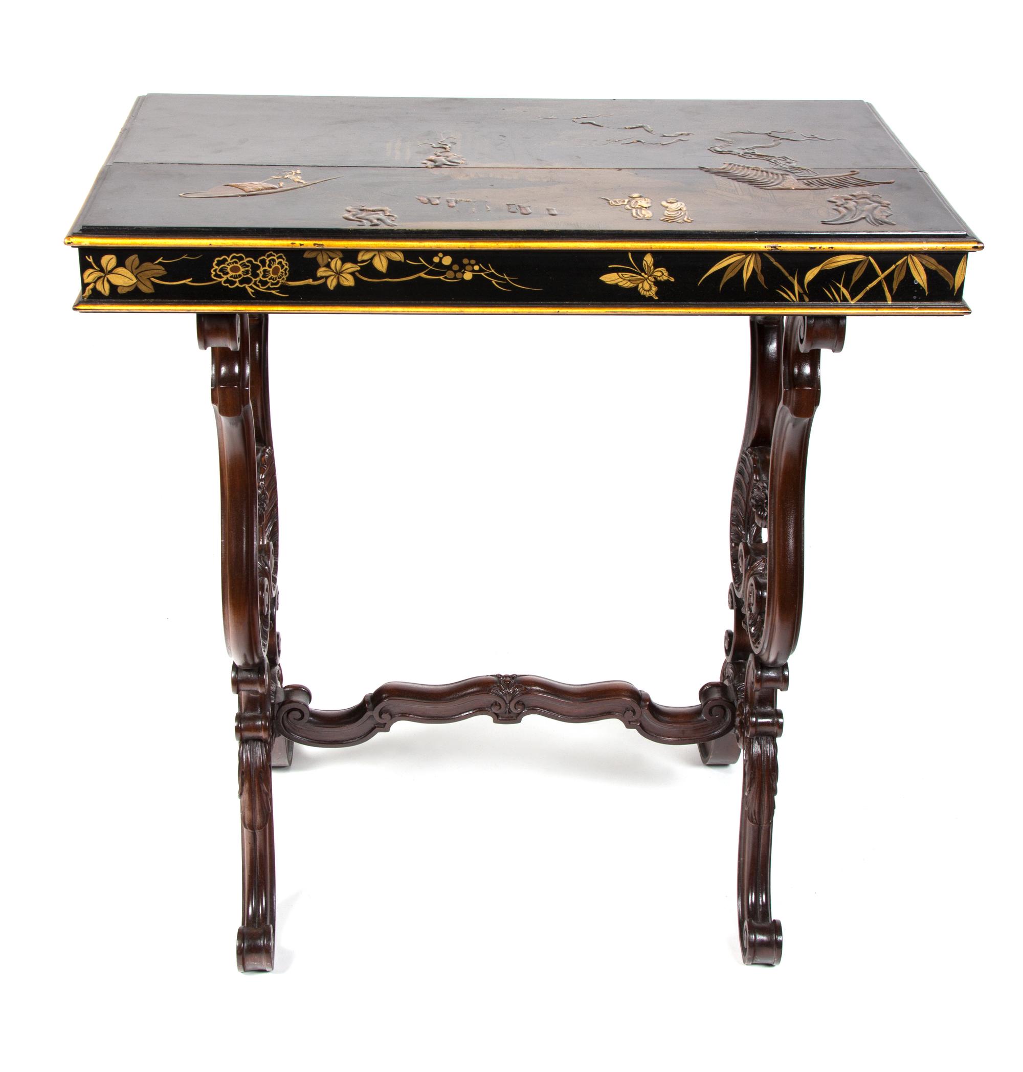 A Pair of Victorian Chinoiserie Lacquer Top Side Tables Height 28 1/2 x width 27 1/2 x depth 15 3/4 inches. — 19TH CENTURY