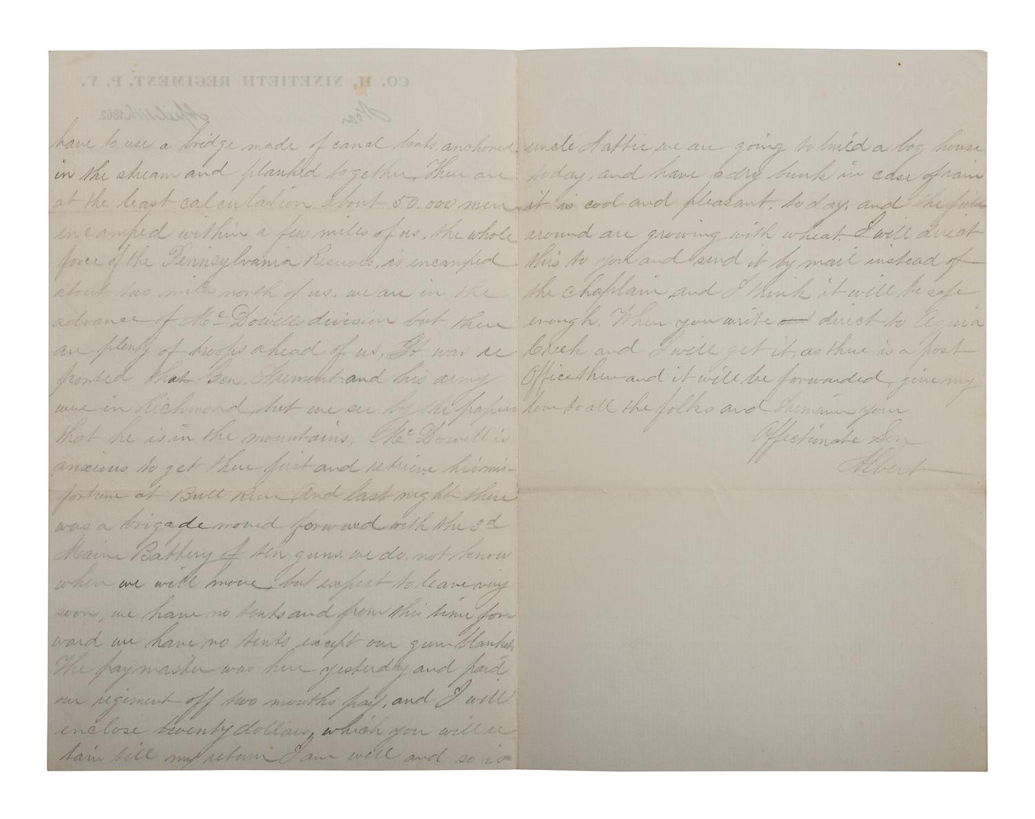 [CIVIL WAR]. Archive related to Albert Campbell Johnston and Nathaniel Dillhorn, 90th Pennsylvania Volunteers, incl. letter detailing the Battle of Cedar Mountain.