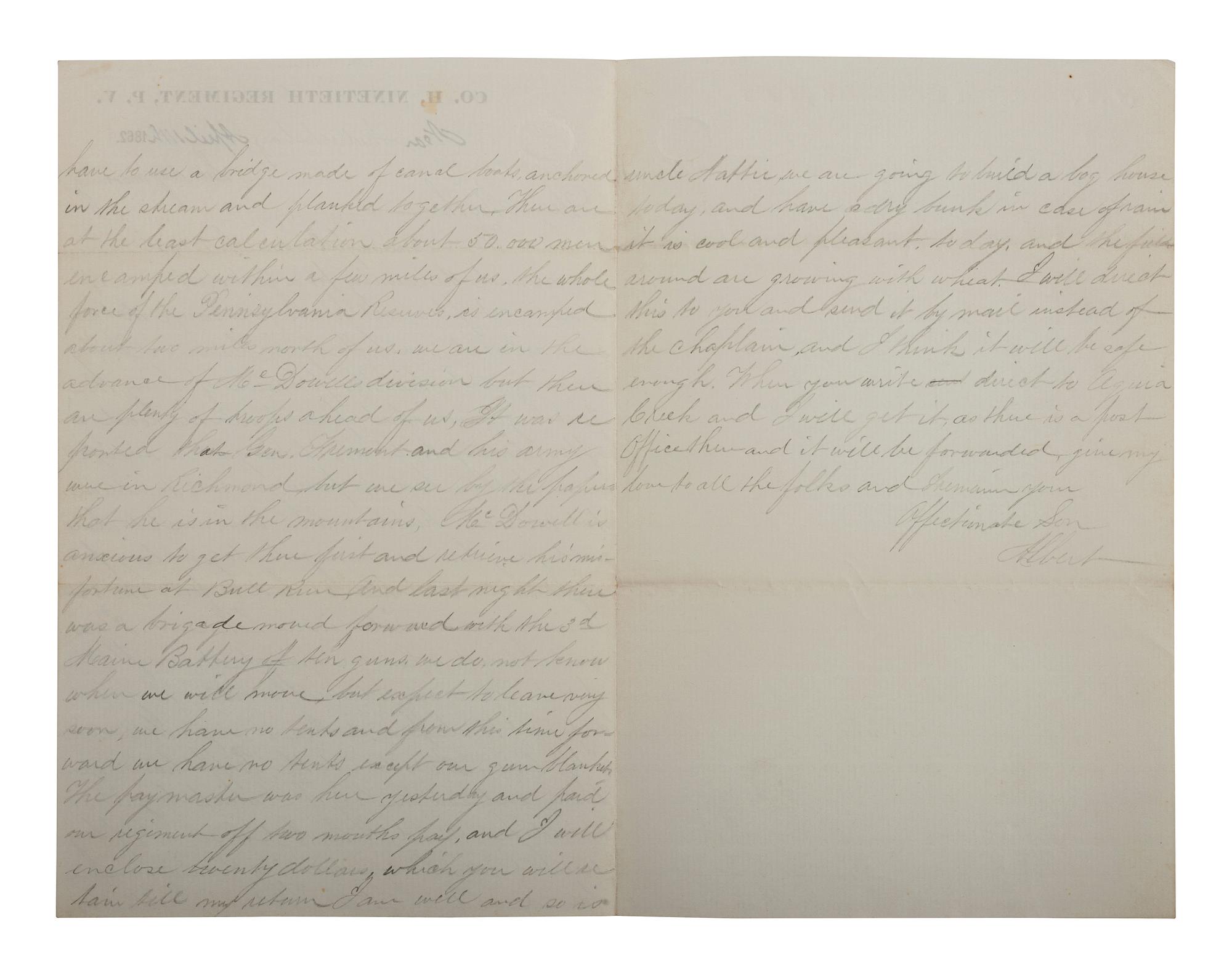 [CIVIL WAR]. Archive related to Albert Campbell Johnston and Nathaniel Dillhorn, 90th Pennsylvania Volunteers, incl. letter detailing the Battle of Cedar Mountain.