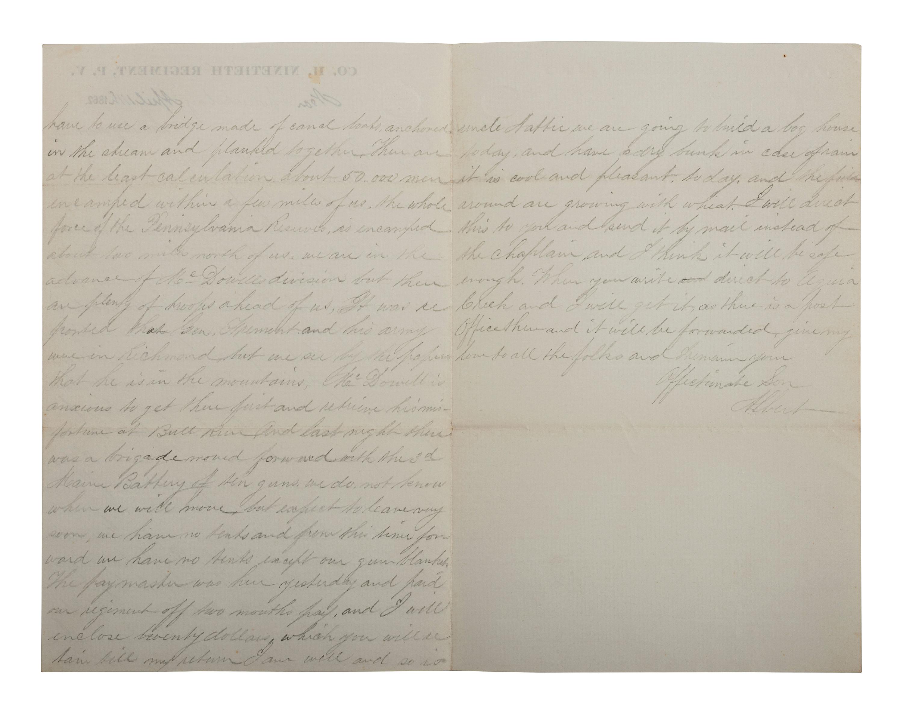 [CIVIL WAR]. Archive related to Albert Campbell Johnston and Nathaniel Dillhorn, 90th Pennsylvania Volunteers, incl. letter detailing the Battle of Cedar Mountain.