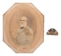 [LEE, Robert E. (1807-1870)]. Albumen photograph of Robert E. Lee with fabric identified as piece of General Lee's uniform.