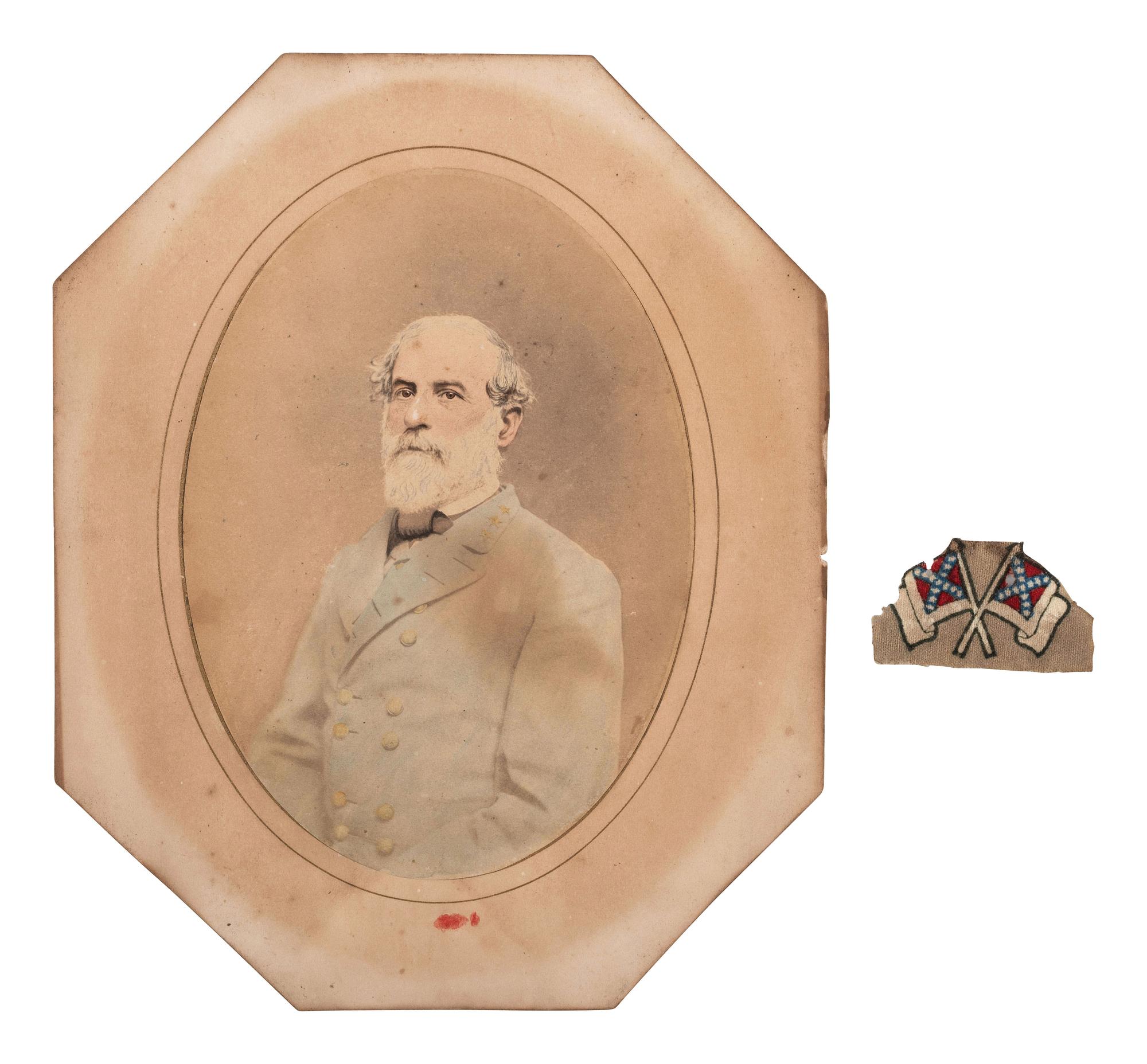 [LEE, Robert E. (1807-1870)]. Albumen photograph of Robert E. Lee with fabric identified as piece of General Lee's uniform.