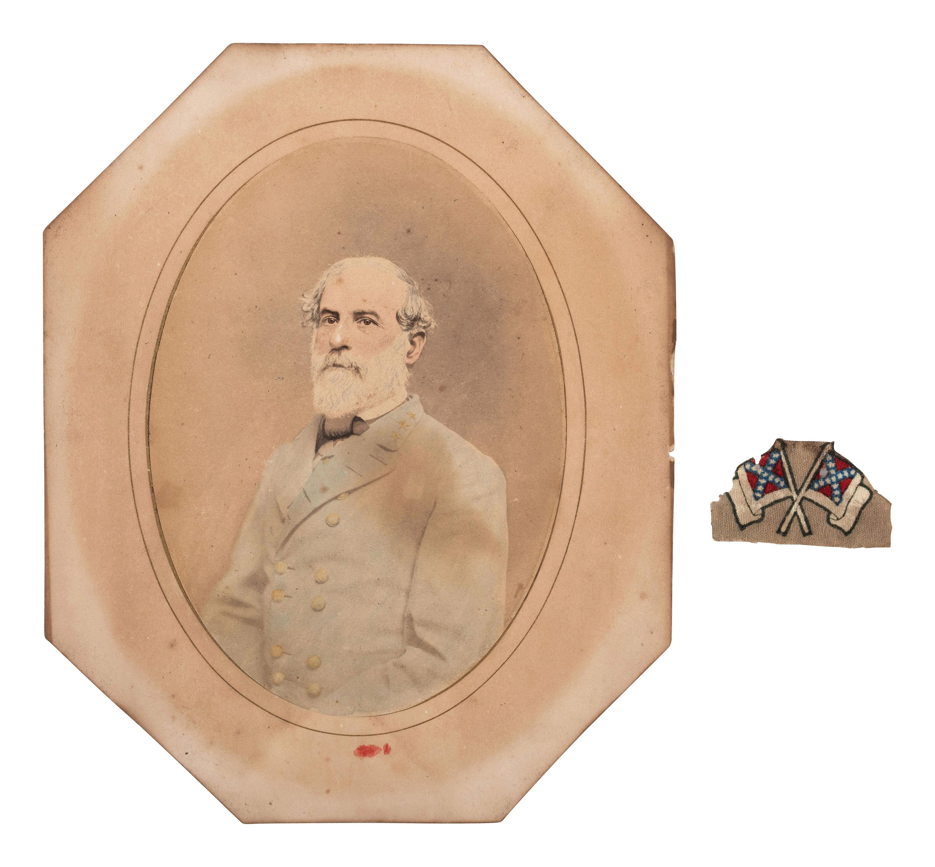 [LEE, Robert E. (1807-1870)]. Albumen photograph of Robert E. Lee with fabric identified as piece of General Lee's uniform.