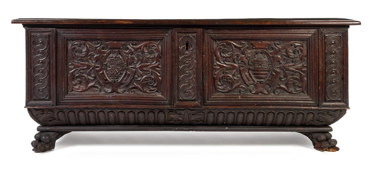 An Italian Walnut Cassone Height 26 1/2 x width 66 x depth 21 1/2 inches. — 17TH CENTURY