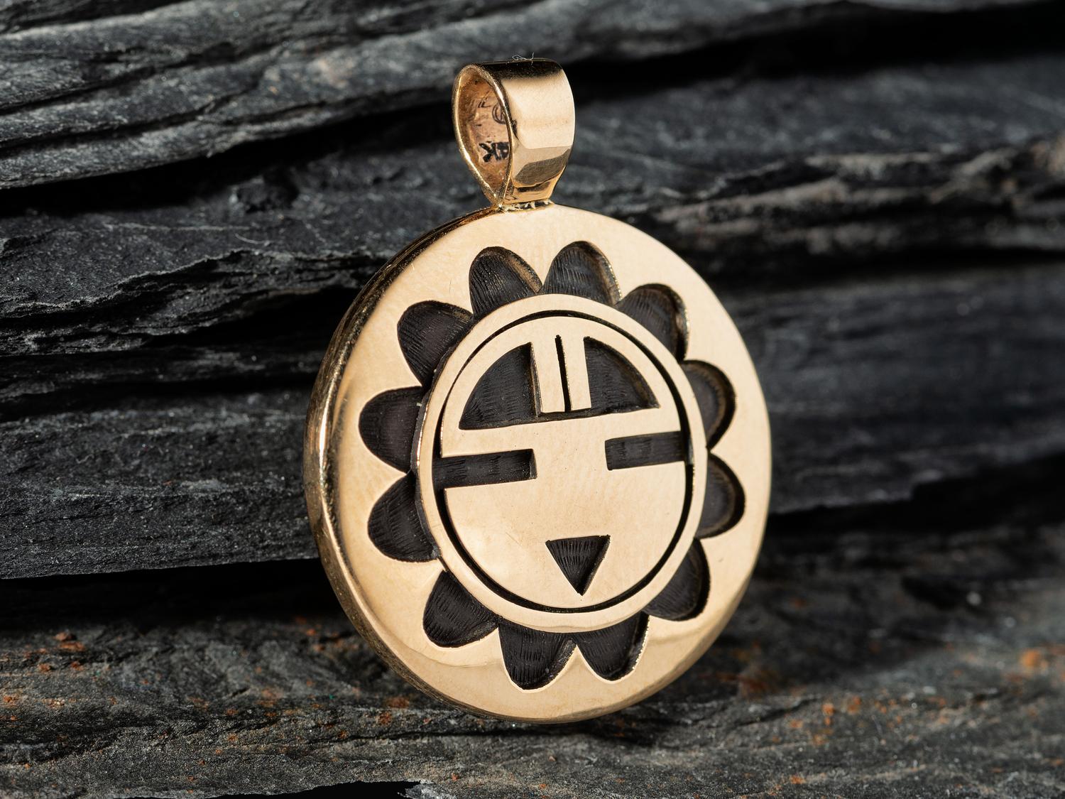 14K Gold Reversible Man-in-the-Maze and Sun Face Pendant