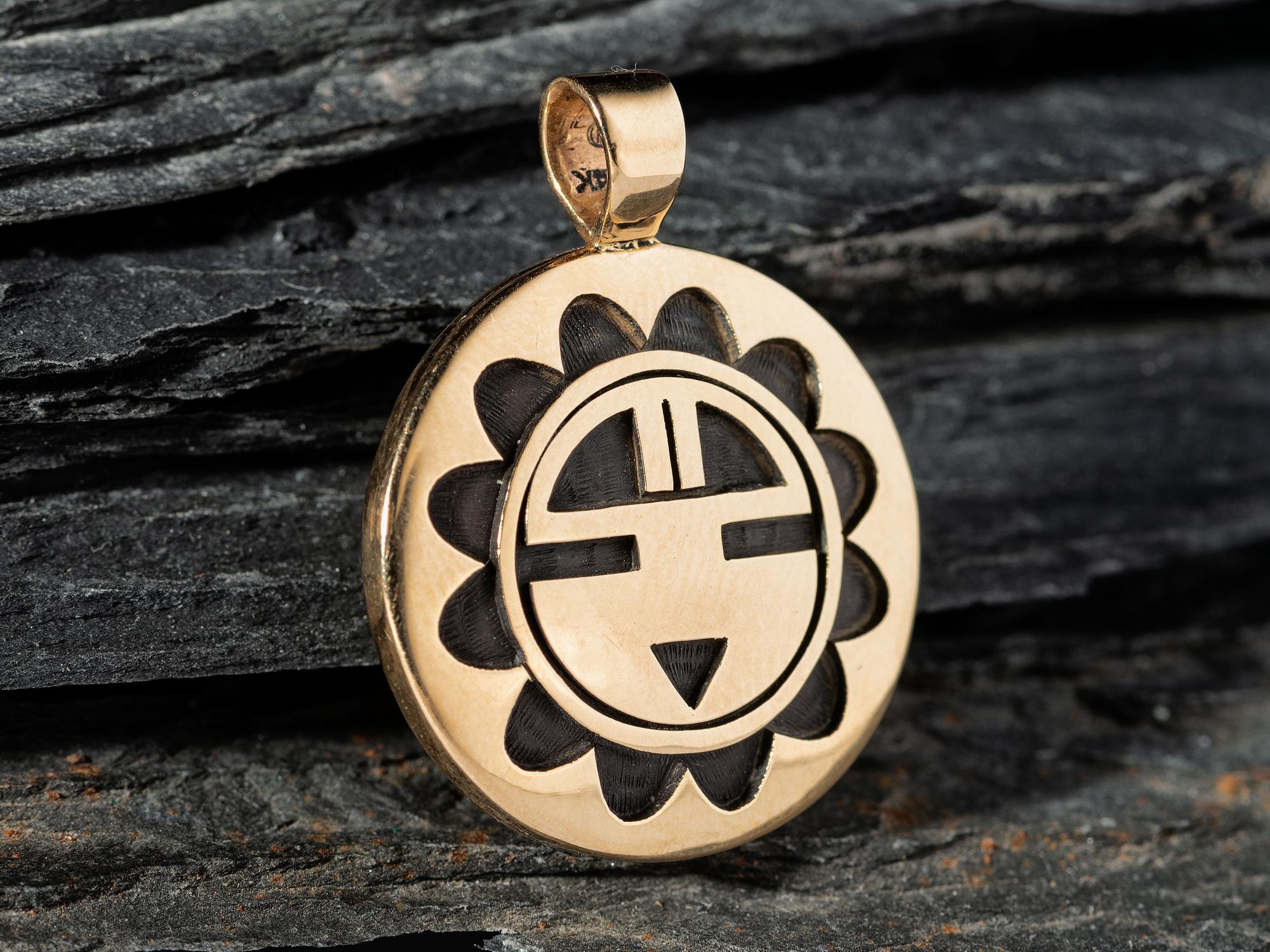 14K Gold Reversible Man-in-the-Maze and Sun Face Pendant