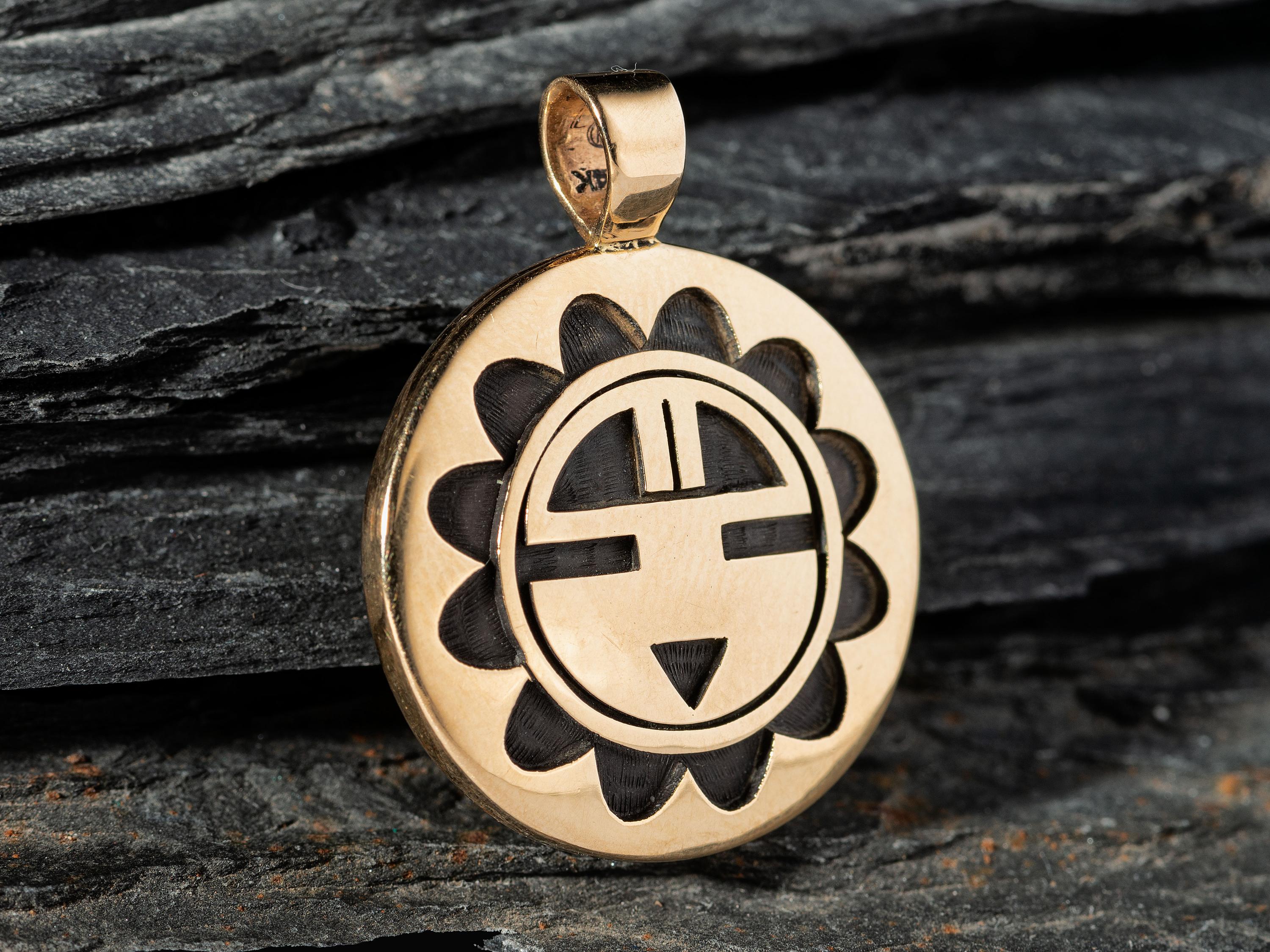 14K Gold Reversible Man-in-the-Maze and Sun Face Pendant