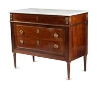 A Louis XVI Style Gilt Bronze Mounted Mahogany Marble-Top Commode