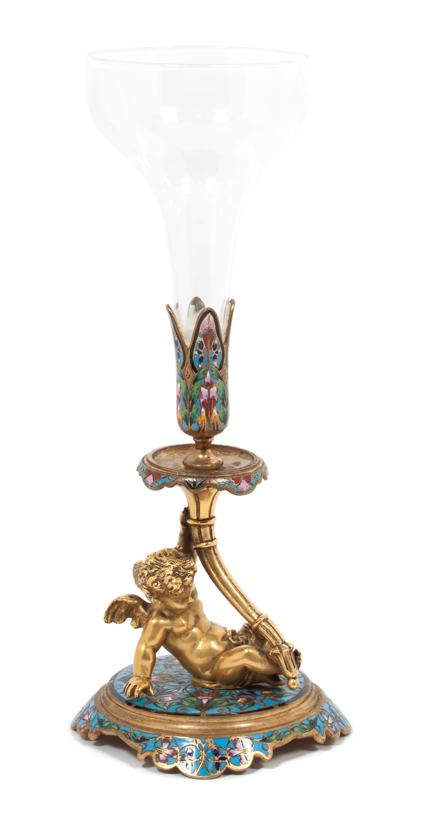 A French Gilt Bronze, Glass and Champleve Figural Vase Height overall 10 inches. — 19TH/20TH CENTURY
