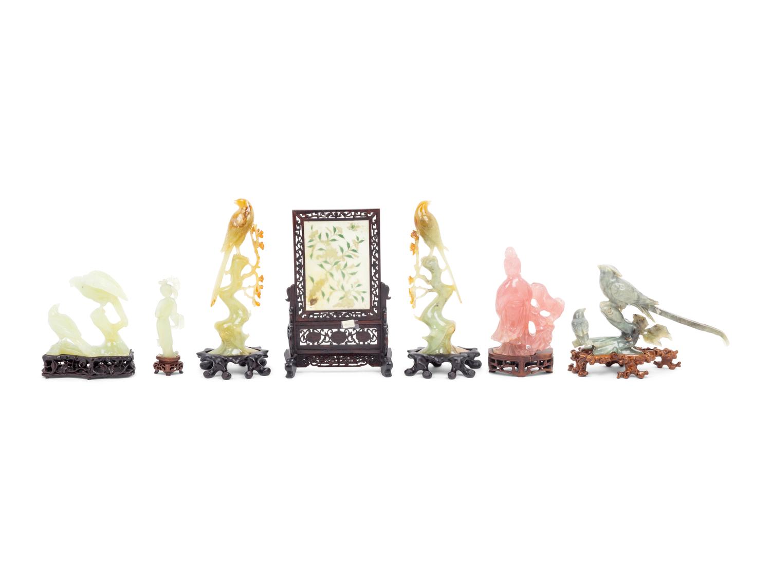 Six Chinese Hardstone Carvings and A Hardstone Embellished Table Screen