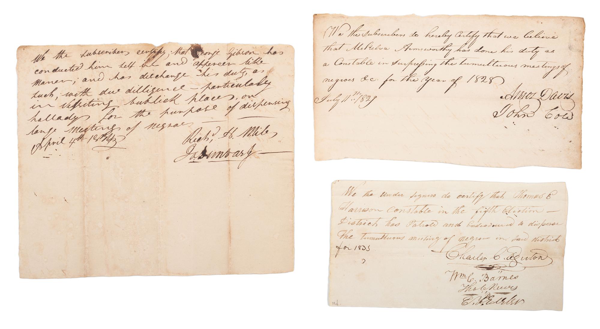 [SLAVERY & ABOLITION]. A group of 3 manuscript statements certifying the work of Maryland constables to suppress "tumultuous meetings" of African Americans. Ca 1820s-1830s.