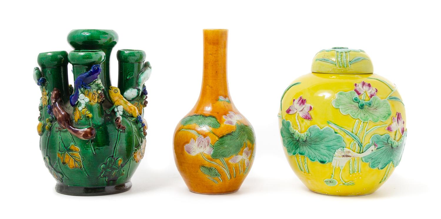 Three Chinese Fahua Porcelain Articles Height of the tallest 8 1/4 inches.