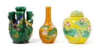Three Chinese Fahua Porcelain Articles Height of the tallest 8 1/4 inches.