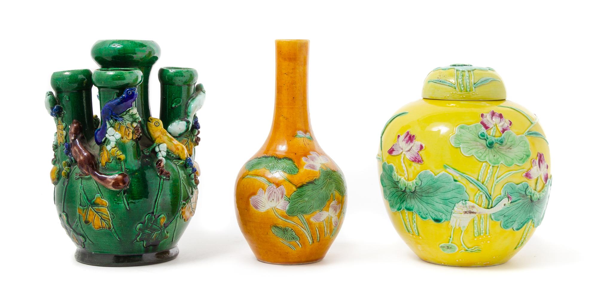 Three Chinese Fahua Porcelain Articles Height of the tallest 8 1/4 inches.