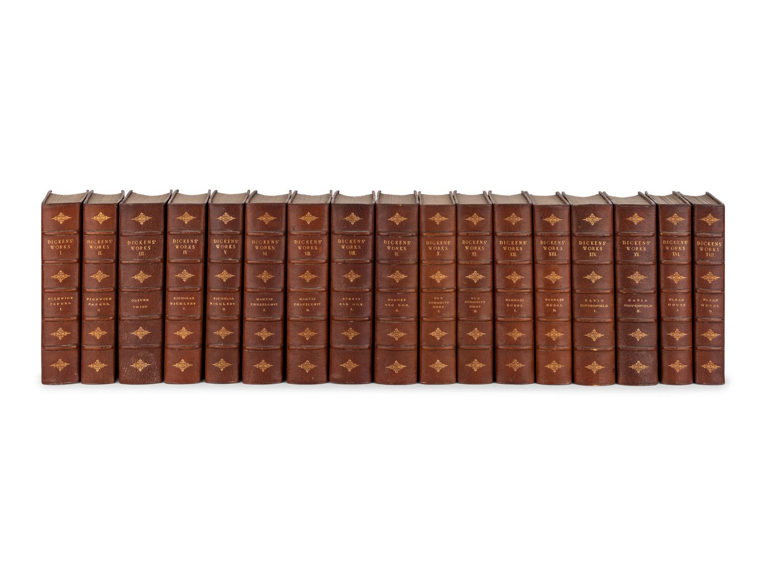 DICKENS, Charles (1812-1870). The Works of Charles Dickens. Andrew Lang, editor. 34 volumes. [ Uniformly bound with :] FORSTER, John (1812-1876). The Life of Charles Dickens. 2 volumes. London & New York: Chapman & Hall, Ld. & Charles Scribner's Sons, [1897-1899], 1904.