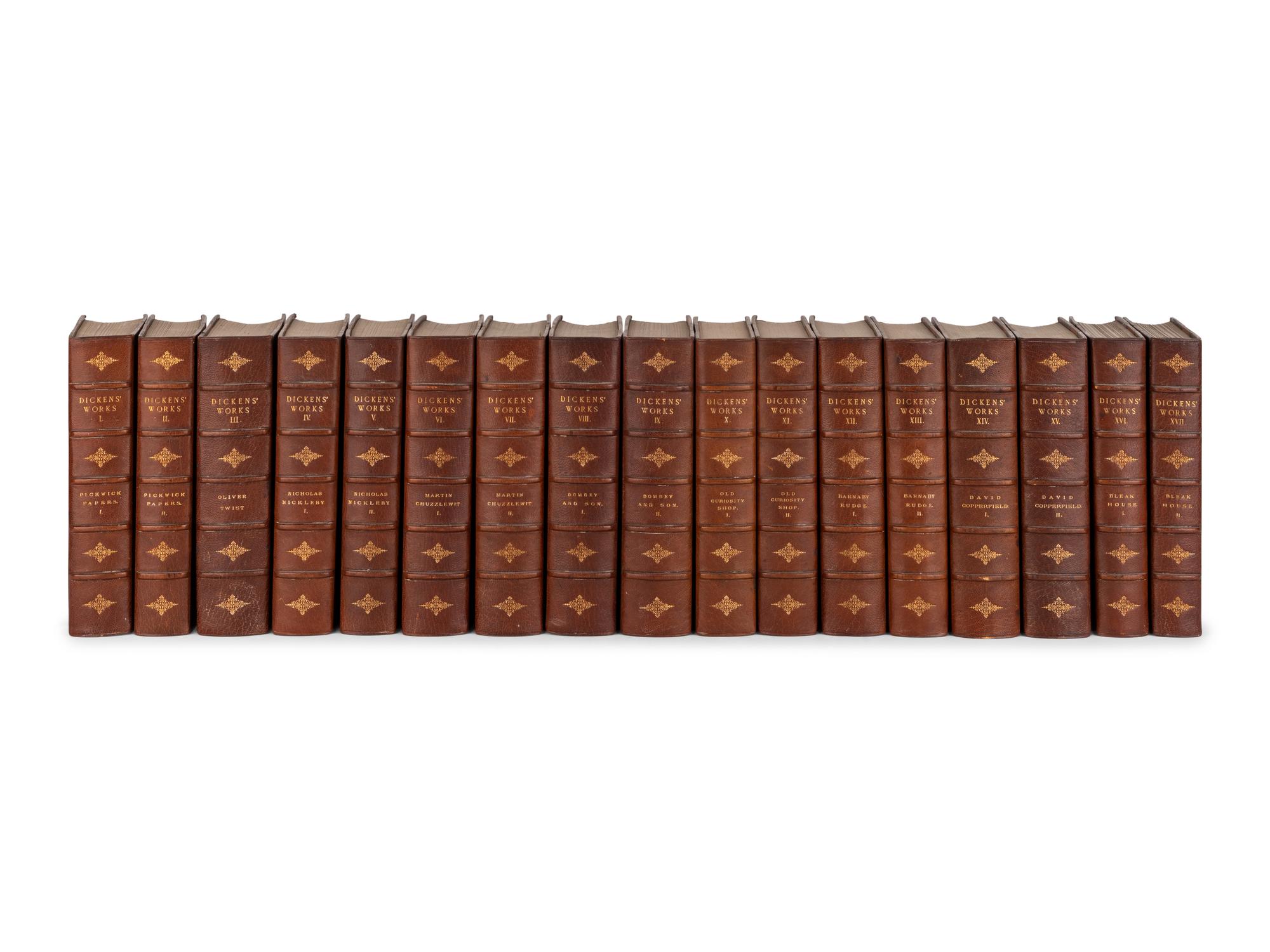DICKENS, Charles (1812-1870). The Works of Charles Dickens. Andrew Lang, editor. 34 volumes. [ Uniformly bound with :] FORSTER, John (1812-1876). The Life of Charles Dickens. 2 volumes. London & New York: Chapman & Hall, Ld. & Charles Scribner's Sons, [1897-1899], 1904.