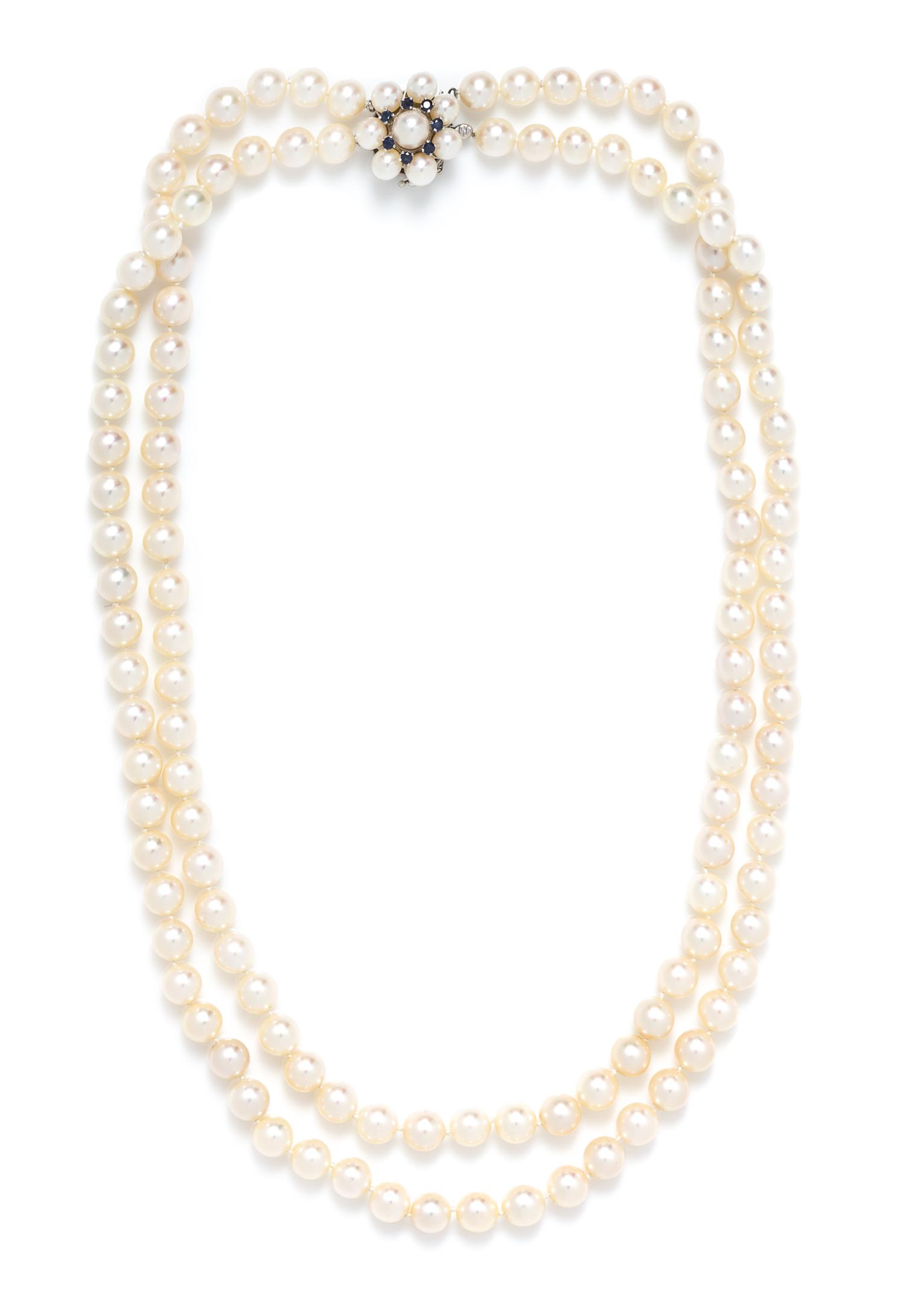 A Double Strand Cultured Pearl Necklace with White Gold and Sapphire Clasp,