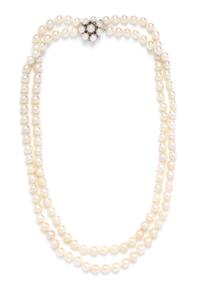 A Double Strand Cultured Pearl Necklace with White Gold and Sapphire Clasp,