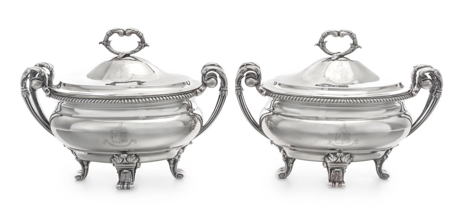 A Pair of George III Silver Sauce Tureens, Paul Storr, London, 1799, each domed lid having an addorsed foliate C-scroll finial and engr