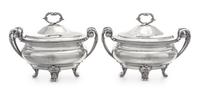 A Pair of George III Silver Sauce Tureens, Paul Storr, London, 1799, each domed lid having an addorsed foliate C-scroll finial and engr