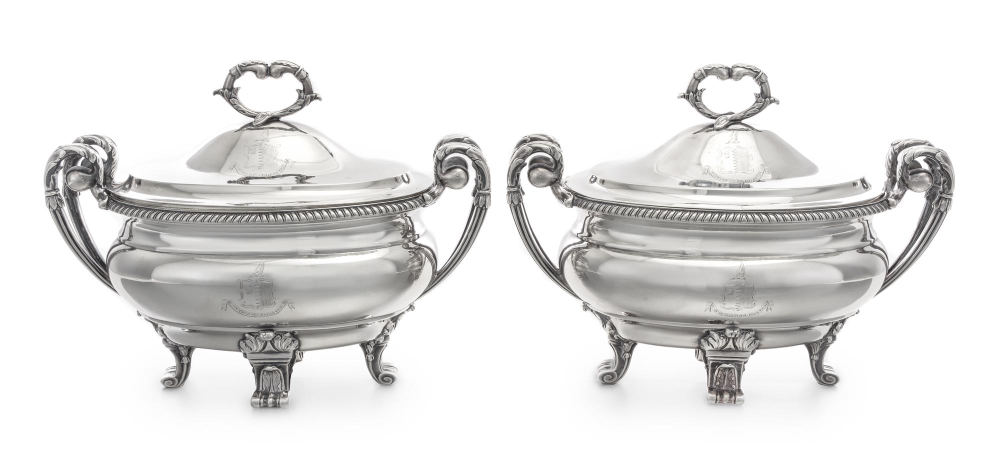 A Pair of George III Silver Sauce Tureens, Paul Storr, London, 1799, each domed lid having an addorsed foliate C-scroll finial and engr