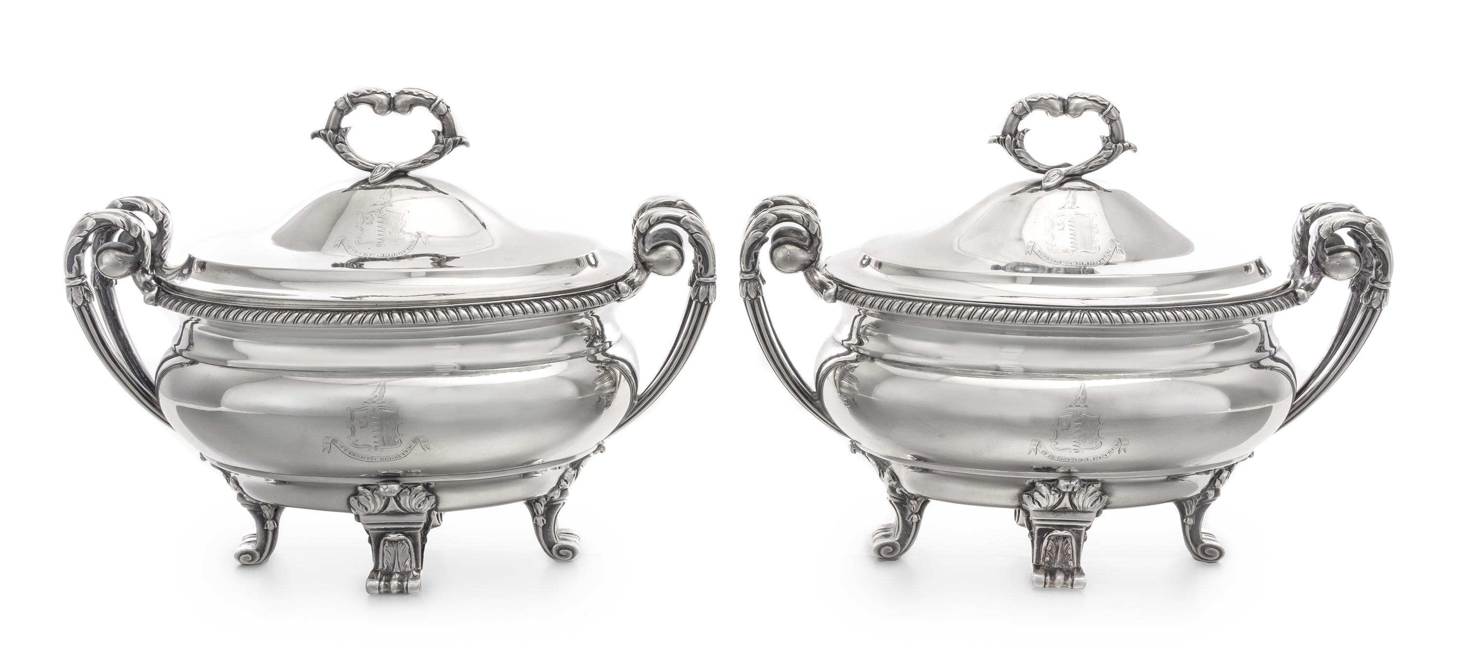 A Pair of George III Silver Sauce Tureens, Paul Storr, London, 1799, each domed lid having an addorsed foliate C-scroll finial and engr