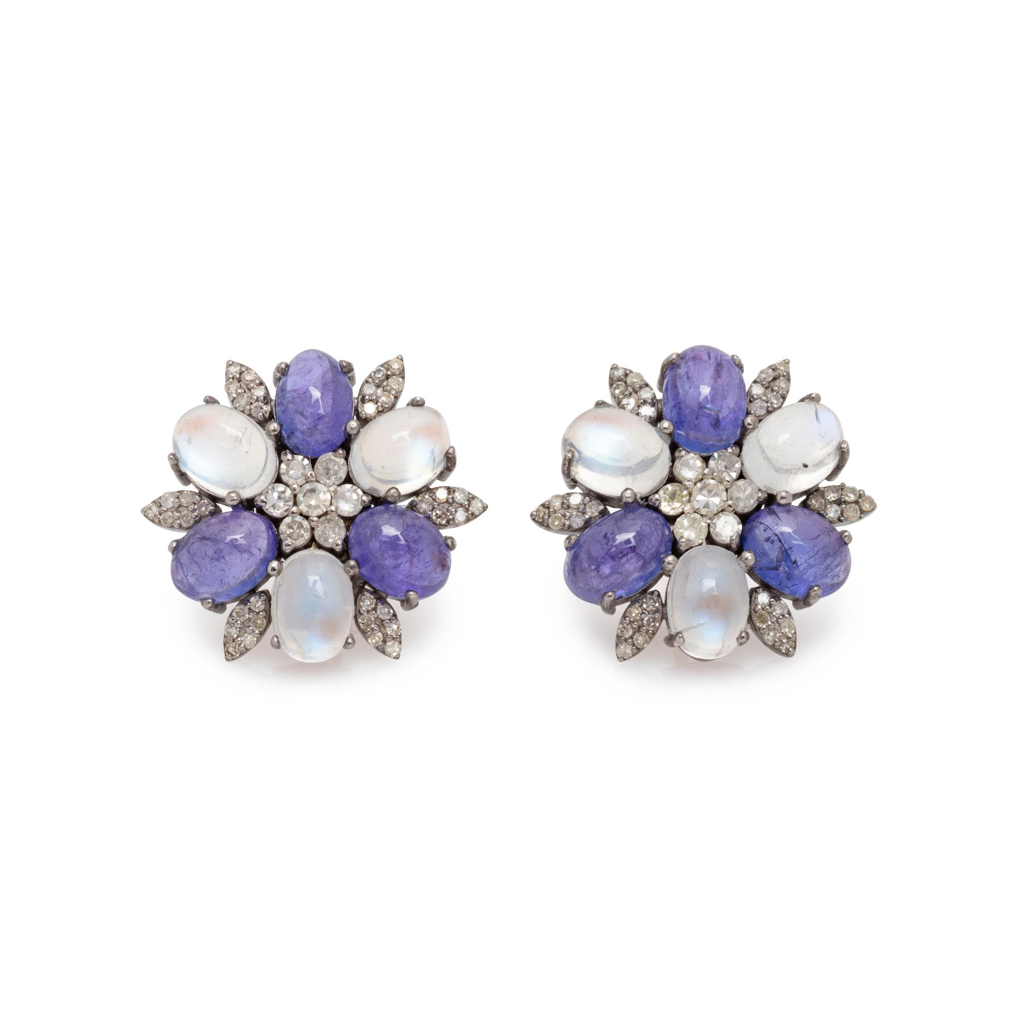 TANZANITE, MOONSTONE AND DIAMOND EARRINGS