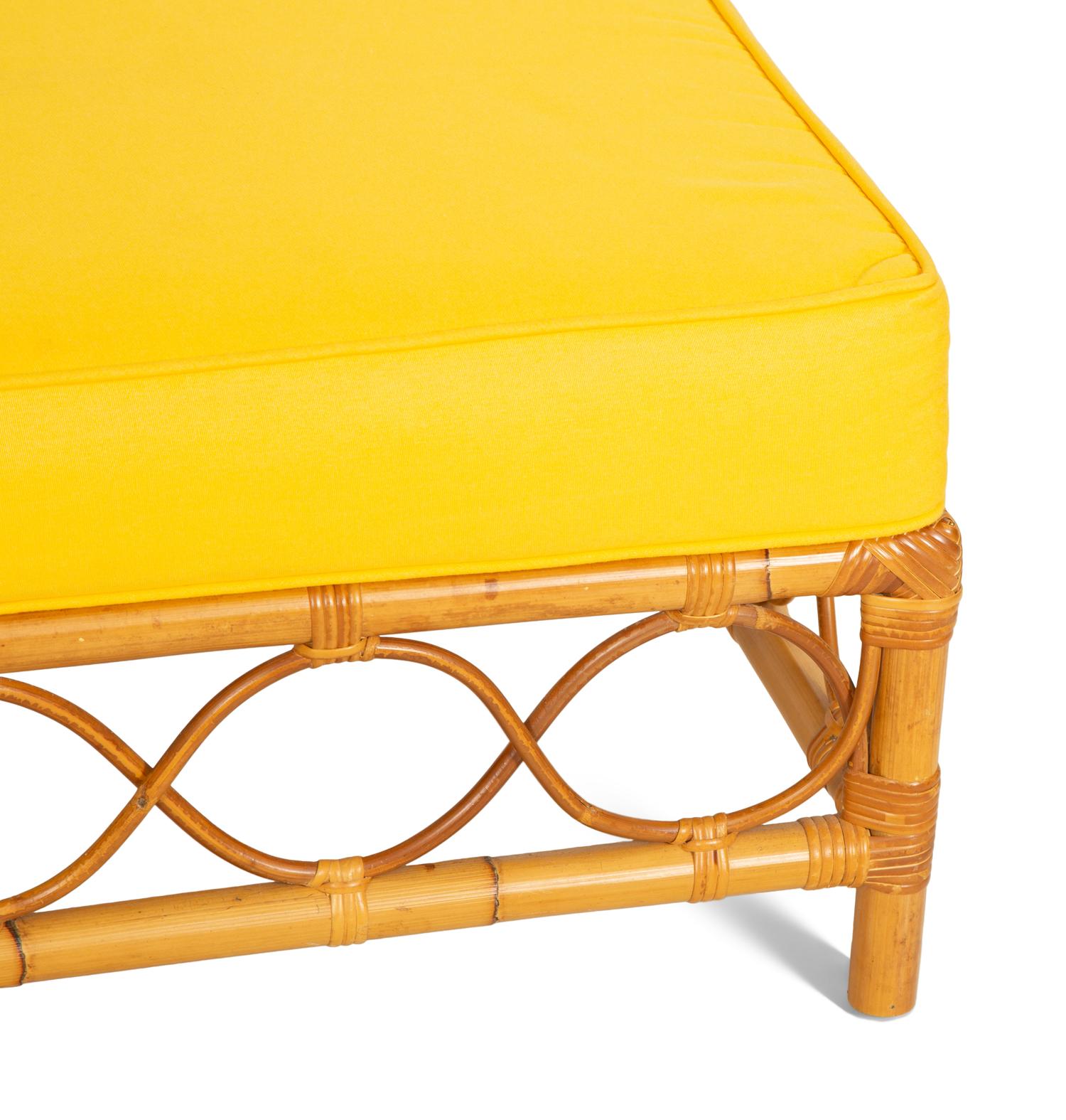 A Bielecky Brothers Rattan Settee with Two End Tables and a Pair of Ottomans
