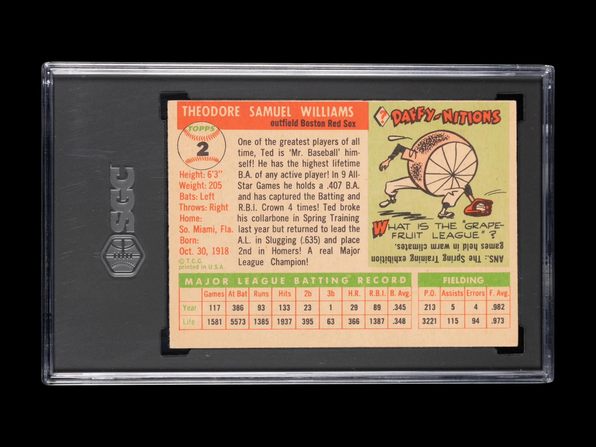 A 1955 Topps Ted Williams Baseball Card No. 2 (SGC 2.5 GOOD+)