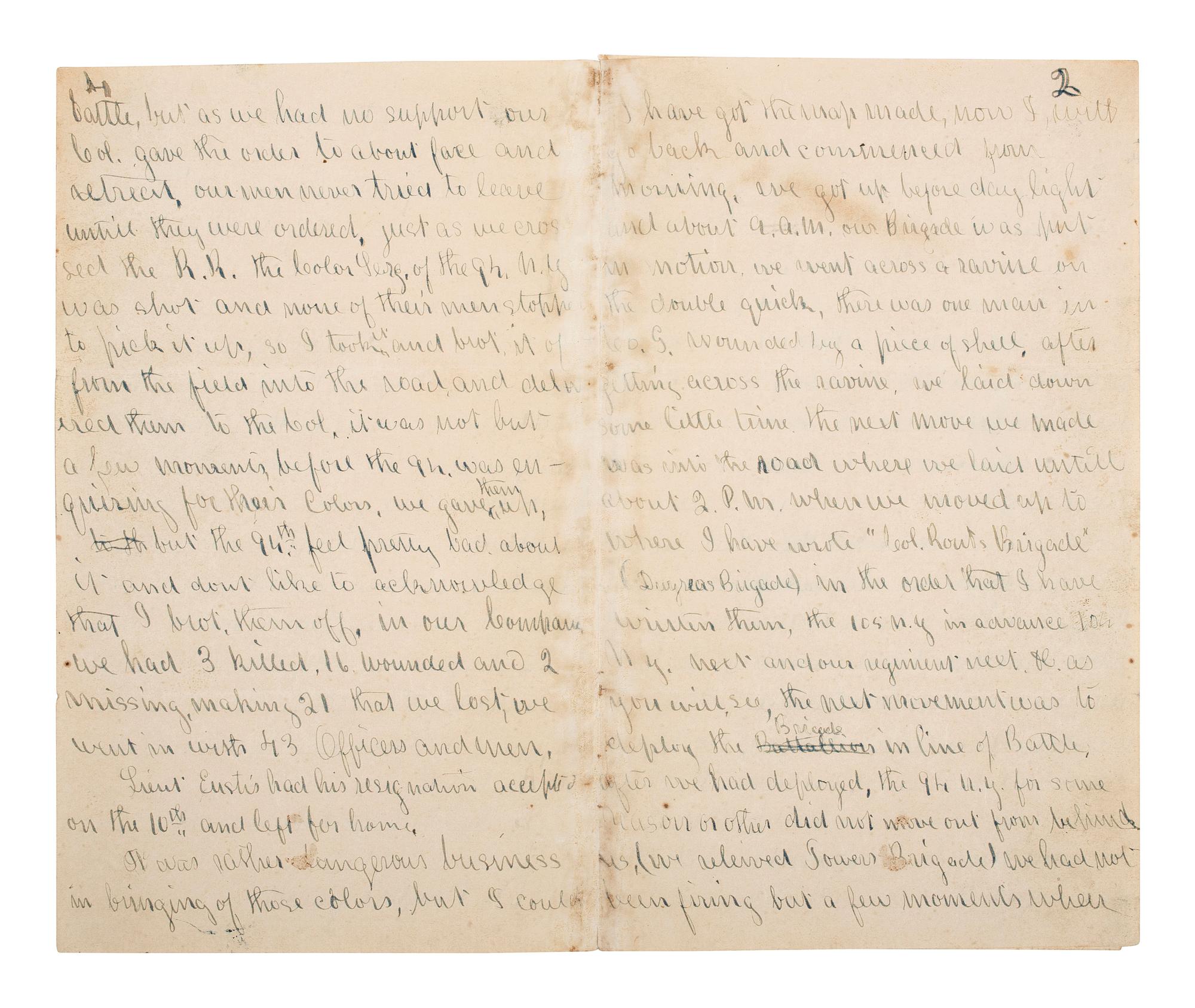 [CIVIL WAR]. Battle of Fredericksburg letter with sketched map of battle lines by Sgt. William H. Broughton, 16th Maine Infantry Regiment, POW at Weldon Railroad. "Camp on the Battle Field," 14 December 1862.