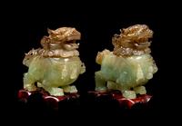 A Pair of Chinese Jade and Serpentine Fu Lion Censers