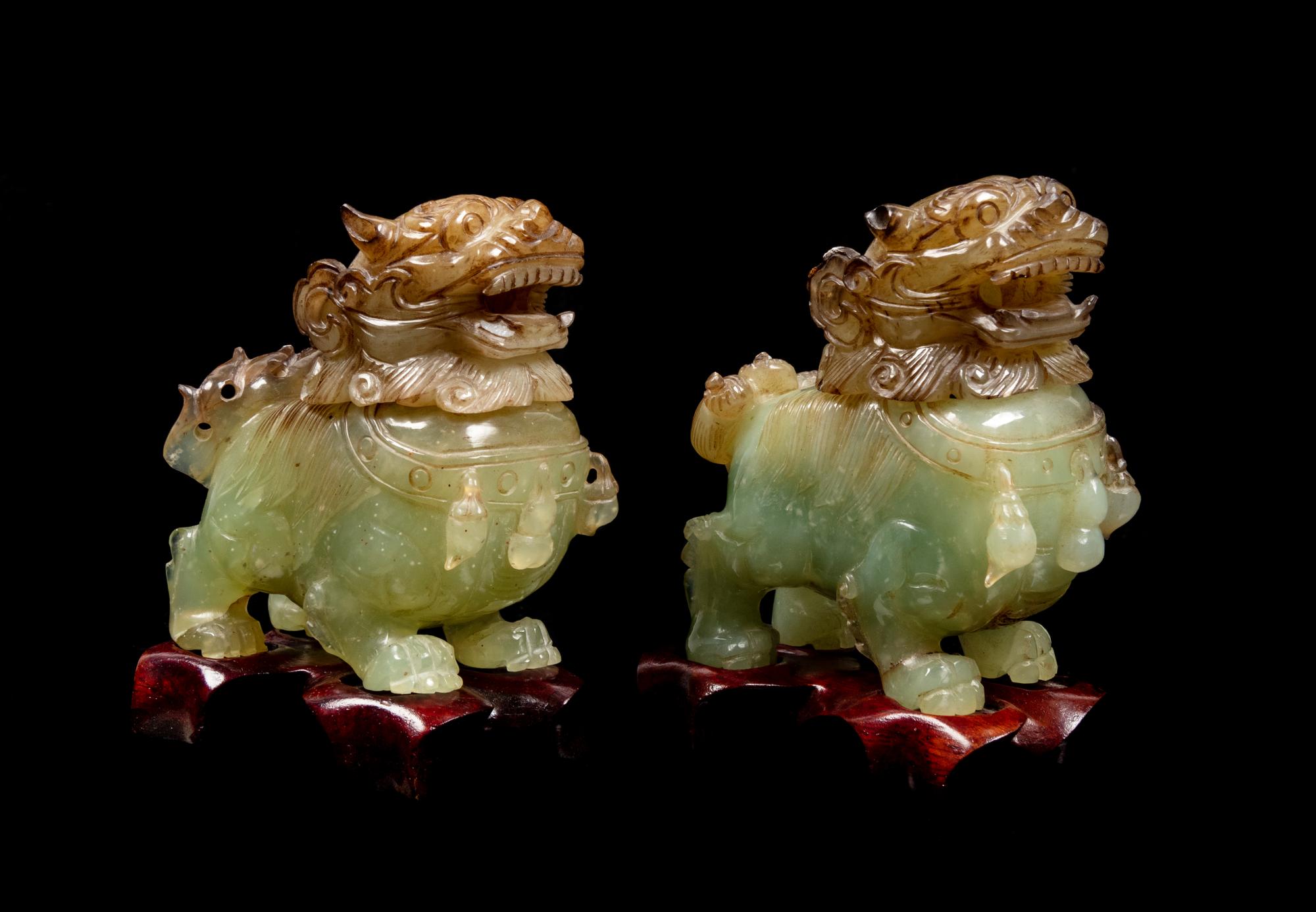 A Pair of Chinese Jade and Serpentine Fu Lion Censers