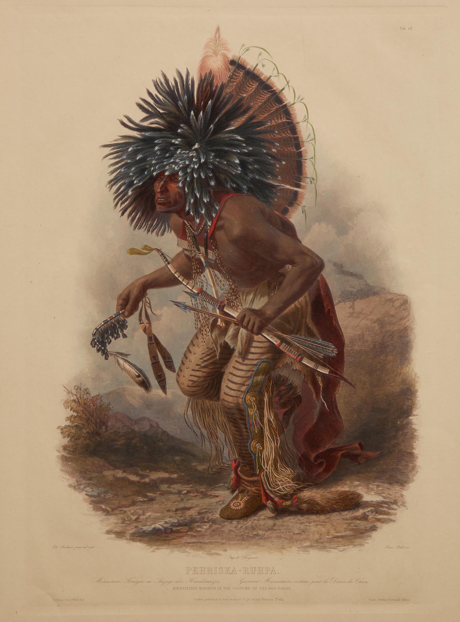 [Native-Americana] Bodmer, Karl. Pehriska-Ruhpa...Moennitarri Warrior in the Costume of the Dog Danse