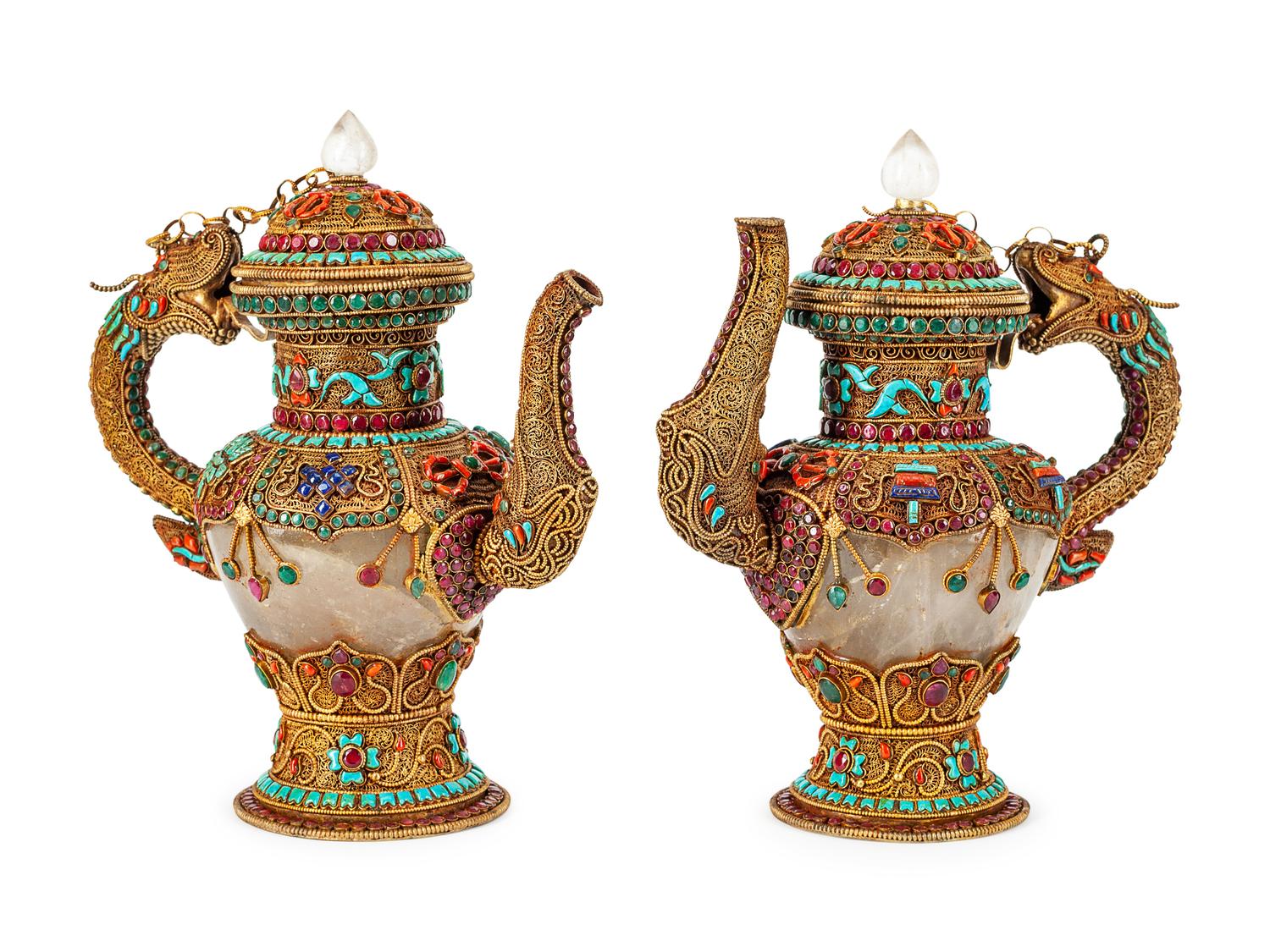 A Pair of Chinese Silver Filigree and Rock Crystal Ewers
