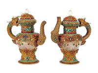 A Pair of Chinese Silver Filigree and Rock Crystal Ewers