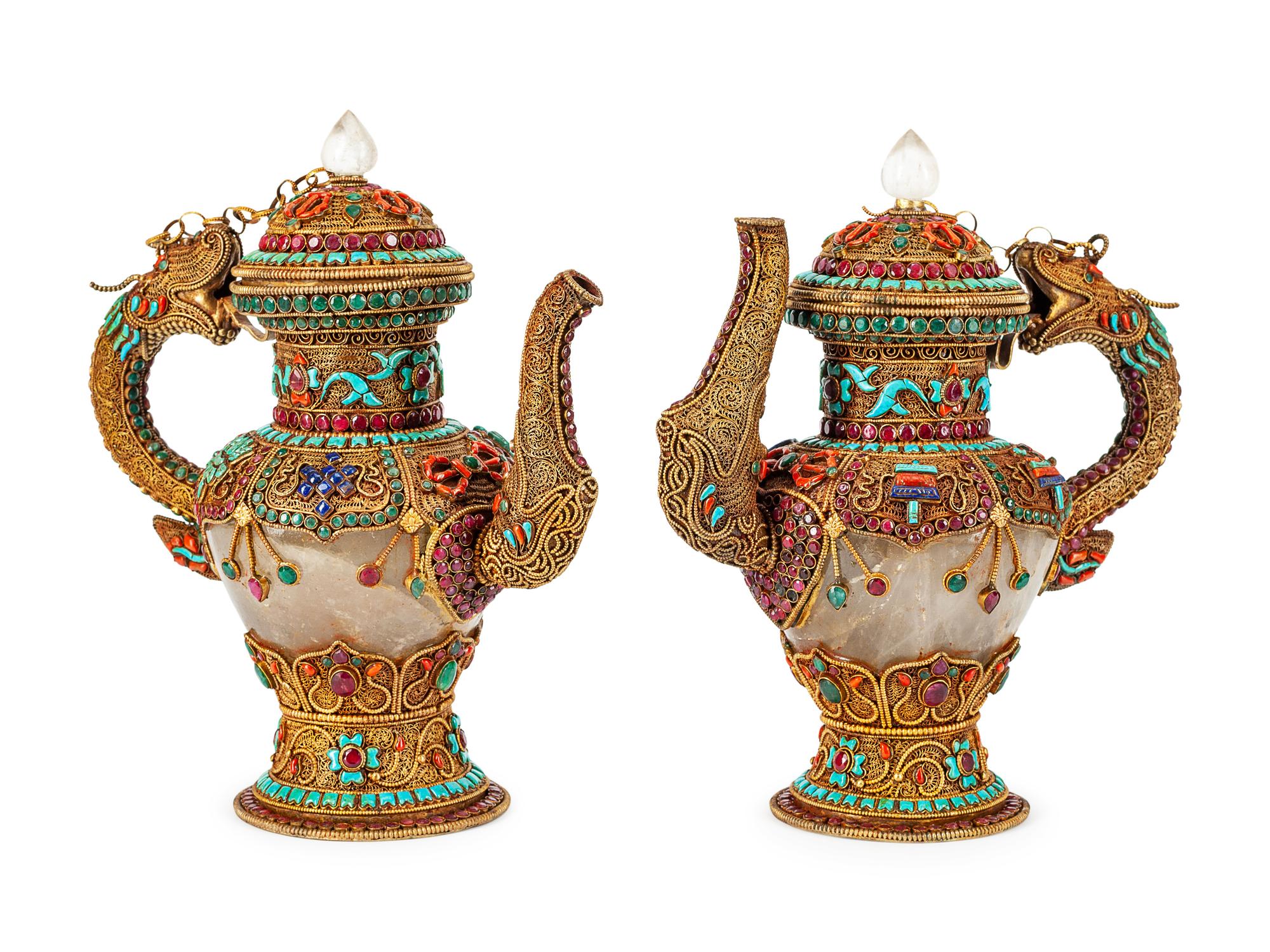 A Pair of Chinese Silver Filigree and Rock Crystal Ewers
