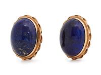 A Pair of Yellow Gold and Lapis Lazuli Earclips,
