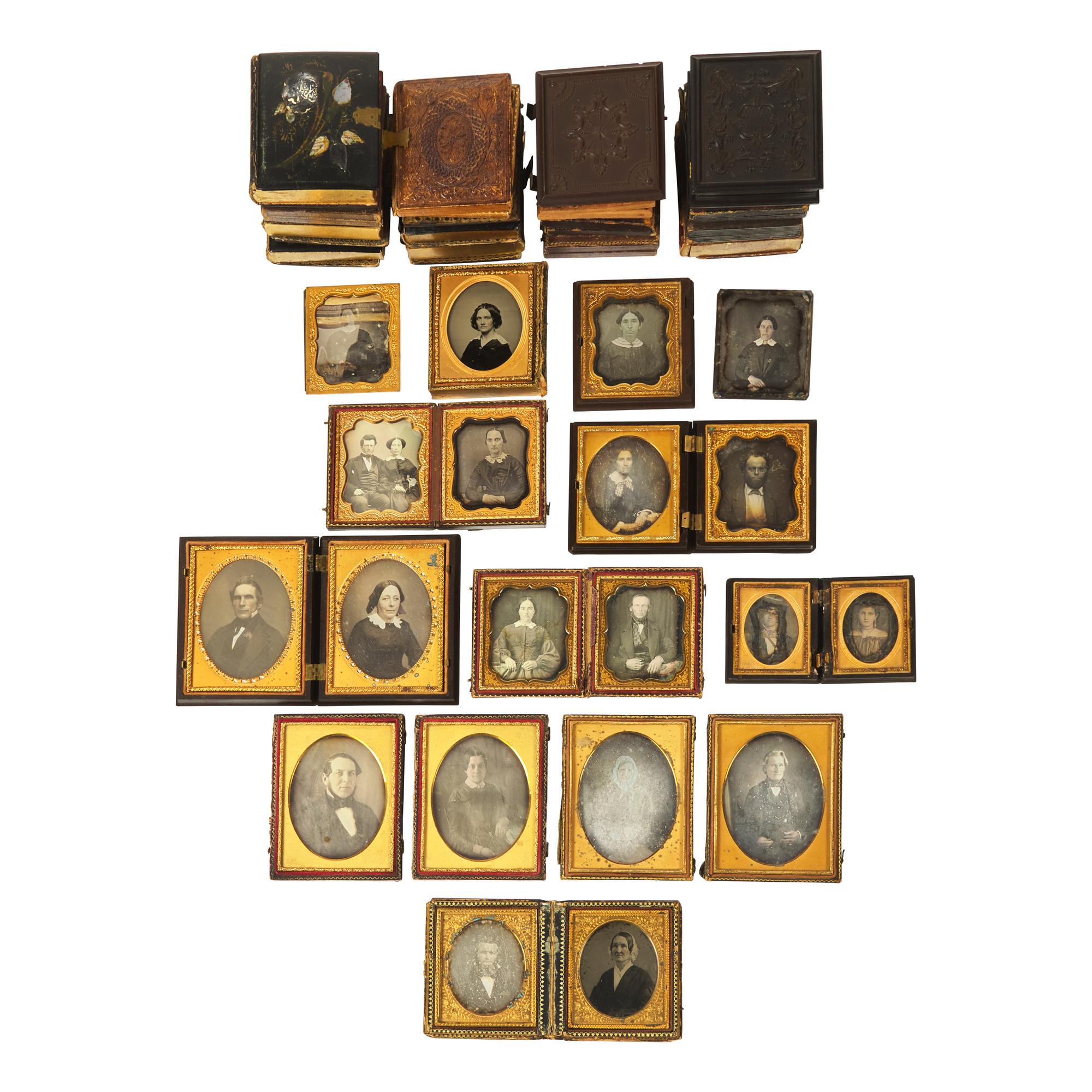 [Early Photography] Group of 54 Daguerreotypes, Ambrotypes, or Tintypes, Mostly Couple Portraits