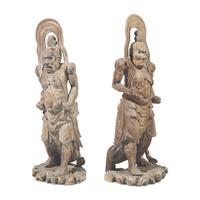 A Pair of Large Japanese Carved Wood Temple Guardians, 19th Century — 日本十九世紀 木雕天王像一對