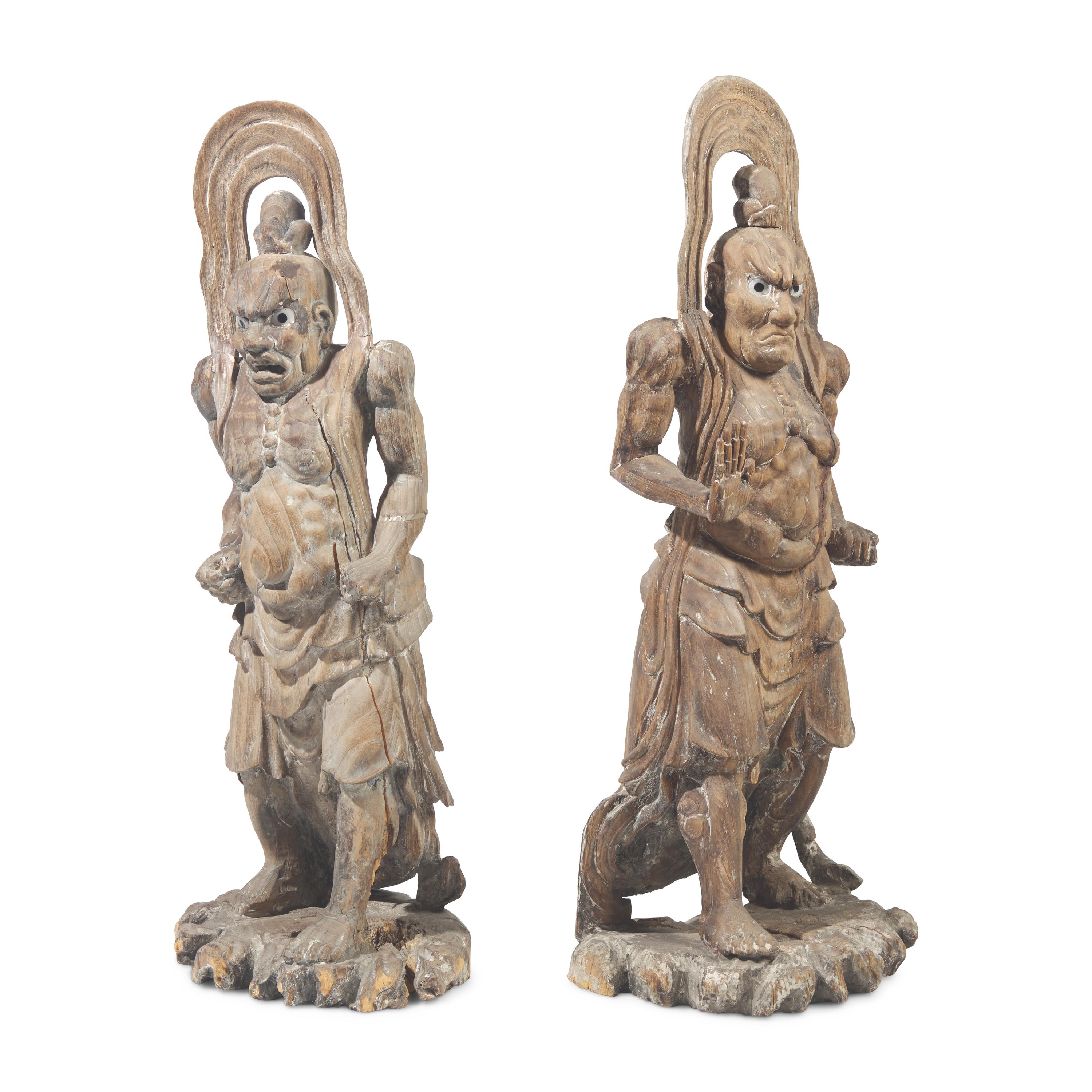 A Pair of Large Japanese Carved Wood Temple Guardians, 19th Century — 日本十九世紀 木雕天王像一對