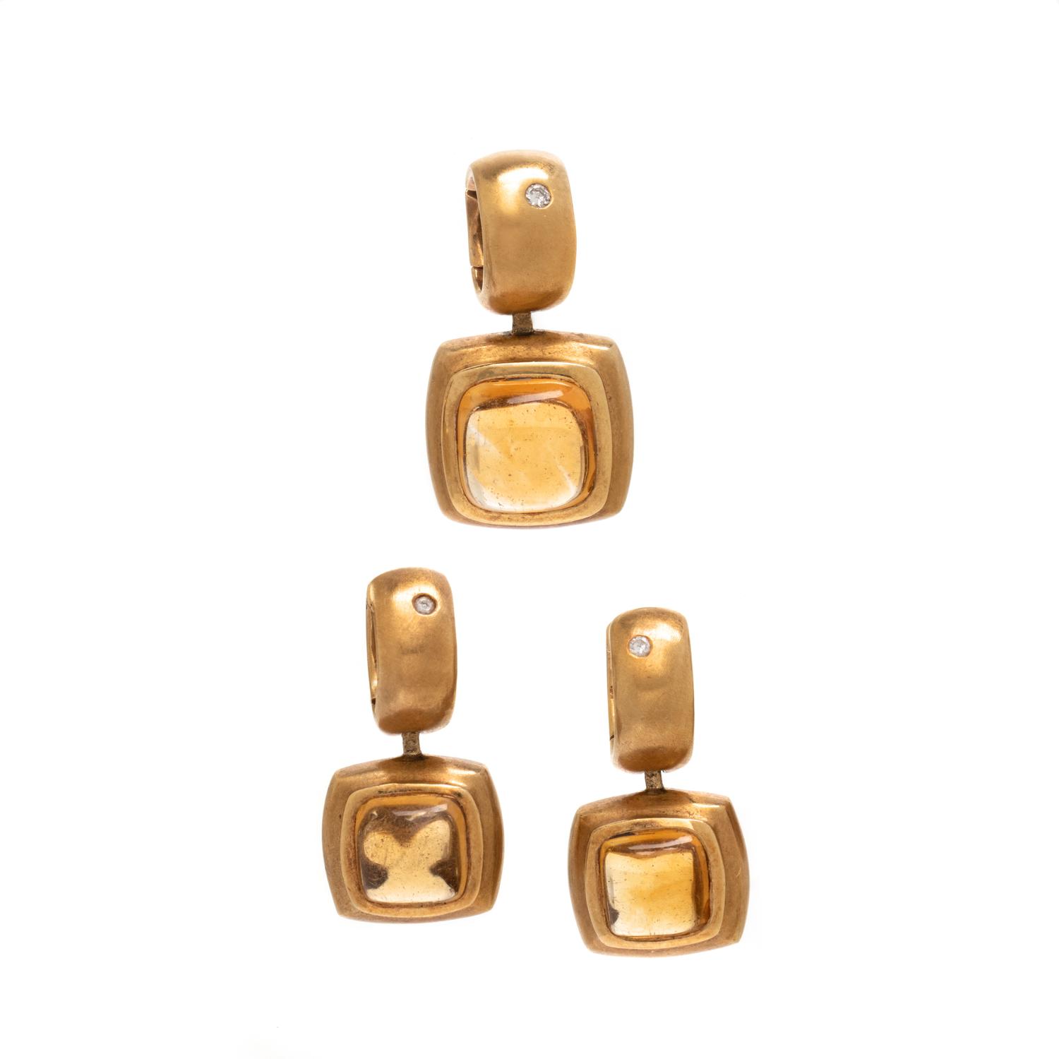 CITRINE, DIAMOND, AND YELLOW GOLD PENDANT AND EARRINGS