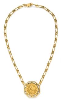 An 18 Karat Yellow Gold, US $10 Dollar Liberty Coin and Diamond Necklace, La Triomphe, 44.80 dwts.