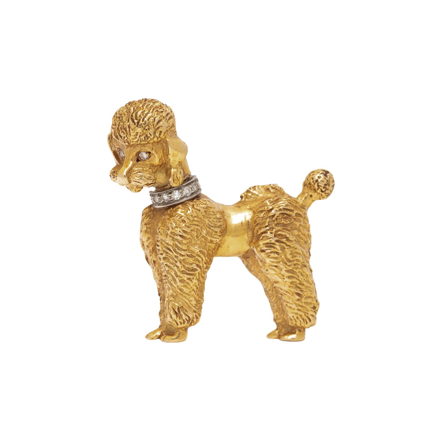 MERRIN, YELLOW GOLD AND DIAMOND POODLE BROOCH